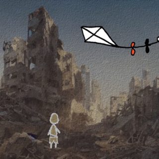 Illustration: In einer kriegszerstörten Ruinenstadt steht ein kleines Kind; über ihm ein weißer Winddrachen mit einem Schwanz mit bunten Schleifen.