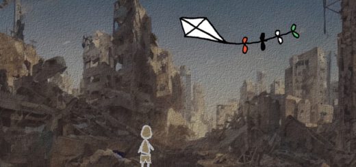 Illustration: In einer kriegszerstörten Ruinenstadt steht ein kleines Kind; über ihm ein weißer Winddrachen mit einem Schwanz mit bunten Schleifen.