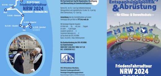 Werbeflyer für die Friedensfahrradtour NRW 2024 mit vielen Detail-Infos auf blauem Grund mit einer regenbogenfarbigen Grafik von Radfahrer*innen.