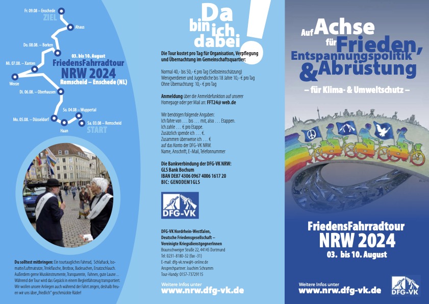 Werbeflyer für die Friedensfahrradtour NRW 2024 mit vielen Detail-Infos auf blauem Grund mit einer regenbogenfarbigen Grafik von Radfahrer*innen.