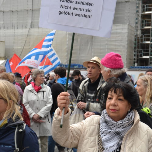 Eine ernst schauende Frau mit schwarzen Haaren hält ein Schild in die Höhe. Dahinter weitere Leute mit Fahnen.