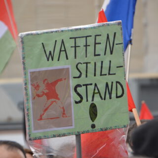 Ein selbst gemaltes Demoplakat mit einem Bild von Banksy (junger vermummter Mann wirft einen Blumenstrauß, als sei es ein Stein)