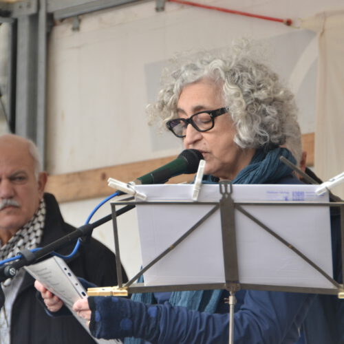 Eine Frau mit grauen Locken spricht in ein Mikro. Ein älterer Mann mit grauem Haarkranz und Brille schaut ihm ernst von hinten zu.