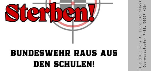 Flyer in grauen, blauen und roten Farben auf weißem Grund. Aufschrift "Kein Werben für's Sterben! Bundeswehr raus aus den Schulen"