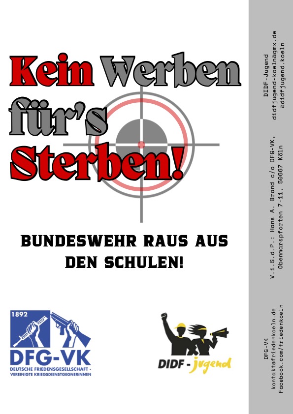 Flyer in grauen, blauen und roten Farben auf weißem Grund. Aufschrift "Kein Werben für's Sterben! Bundeswehr raus aus den Schulen"