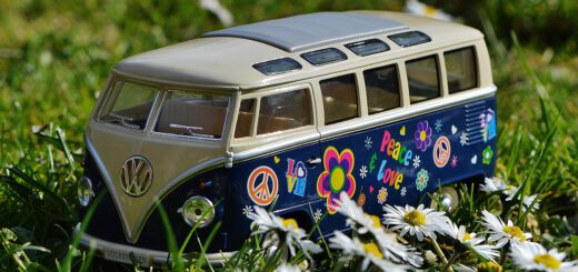 Ein mit Blumen und Peace-Zeichen bemalter Spielzeug-VW-Bulli steht auf einer Wiese zwischen Gänseblümchen.