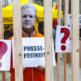 Ein Mann in orangefarbenem Arbeitsanzug und Pappschild mit dem Gesicht von Julian Assange vor dem Kopf steht in einem Holzkäfig und hält Schilder mit "Pressefreiheit" und roten Fragezeichen in den Händen.