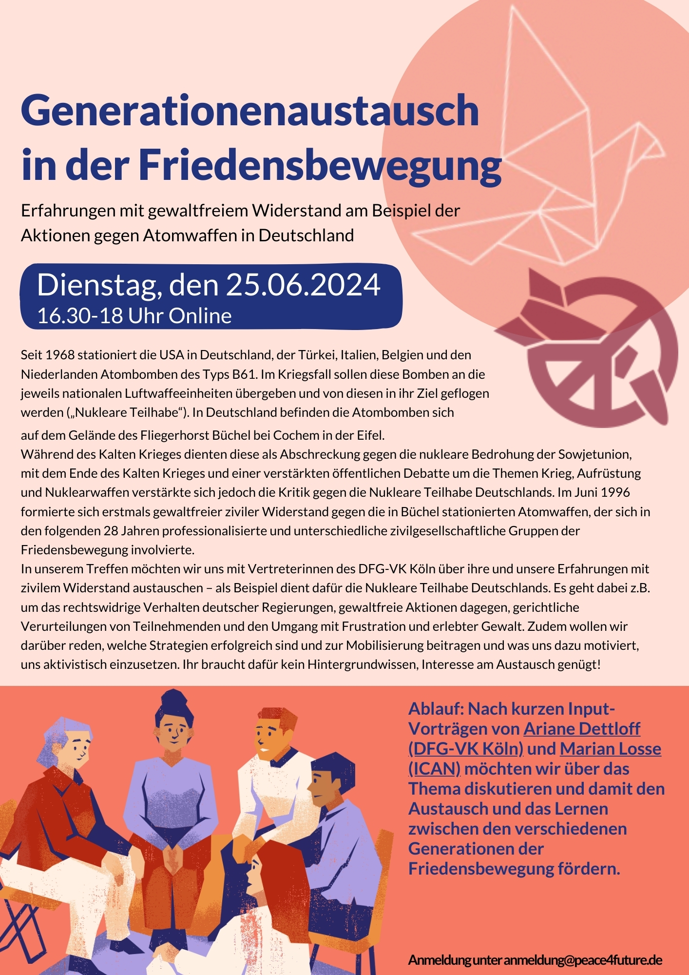Grafische Elemente des Flyers beinhalten das Peace-Zeichen mit der zerbrochenen Rakete, einen gefalteten Kranich und Menschen, die im Kreis sitzen und miteinander reden.