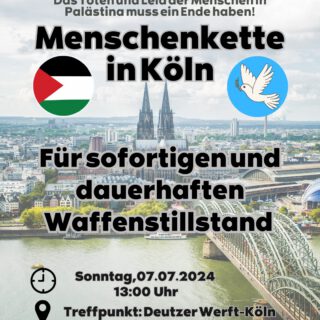 Aufruf mit runder Grafik in den grün-weiß-schwarz-roten Farben der palästinensischen Nationalfahne und einer Friedenstaube vor dem Hintergrund eines Luftbilds der Kölner Altstadt mit Dom und Hohenzollernbrücke.