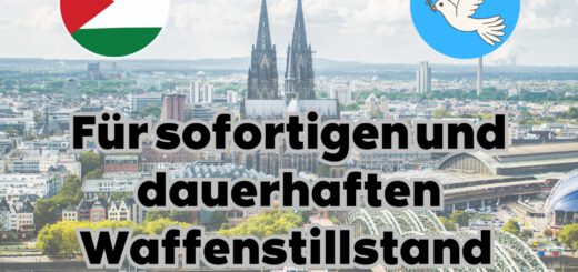 Aufruf mit runder Grafik in den grün-weiß-schwarz-roten Farben der palästinensischen Nationalfahne und einer Friedenstaube vor dem Hintergrund eines Luftbilds der Kölner Altstadt mit Dom und Hohenzollernbrücke.
