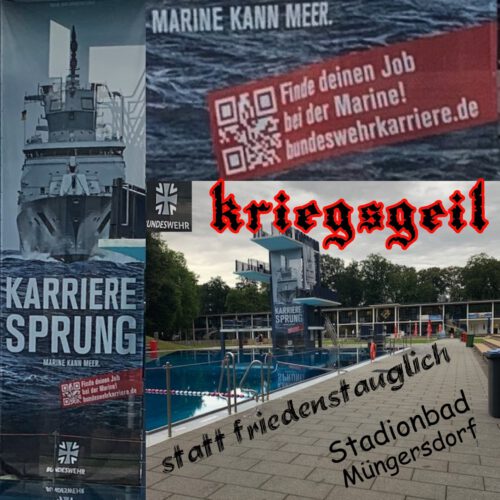 Collage aus Werbe-Fotos der Bundeswehr, Aufnahmen des Sprungturms im Stadionbad Köln