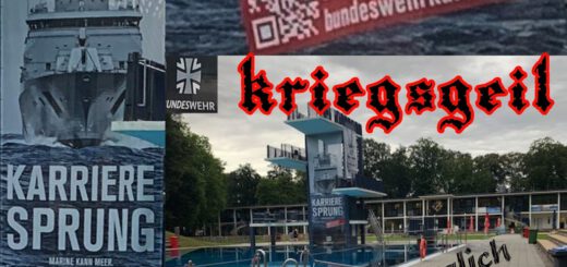 Collage aus Werbe-Fotos der Bundeswehr, Aufnahmen des Sprungturms im Stadionbad Köln