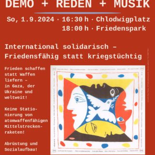 Aufruf des Kölner Friedensforums zum 1.9.2024 mit einer Grafik von Picasso "Friede allen Völkern"