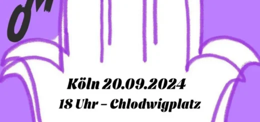 Demoplakat mit Handsymbol auf lila Grund
