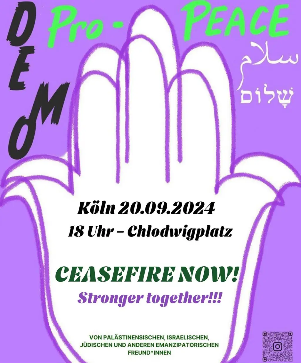 Demoplakat mit Handsymbol auf lila Grund