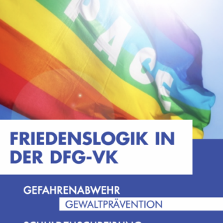 Ein Flyer im blau-weißen DFG-VK-Design mit wehender Regebogenflagge im Hintergrund.