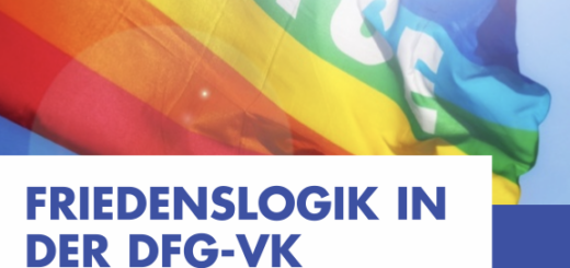 Ein Flyer im blau-weißen DFG-VK-Design mit wehender Regebogenflagge im Hintergrund.