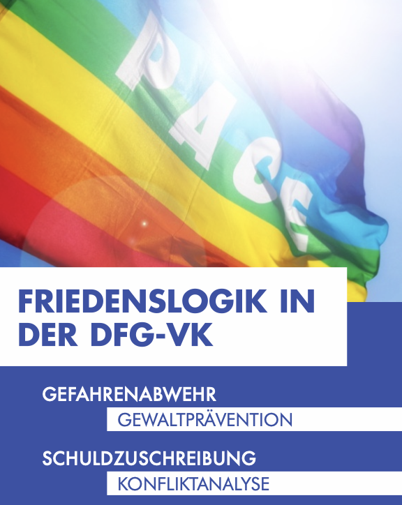 Ein Flyer im blau-weißen DFG-VK-Design mit wehender Regebogenflagge im Hintergrund.