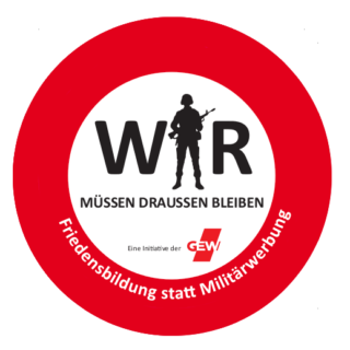 Logo der GEW "Wir müssen draußen bleiben" zu Besuchen der Bundeswehr in Schulen