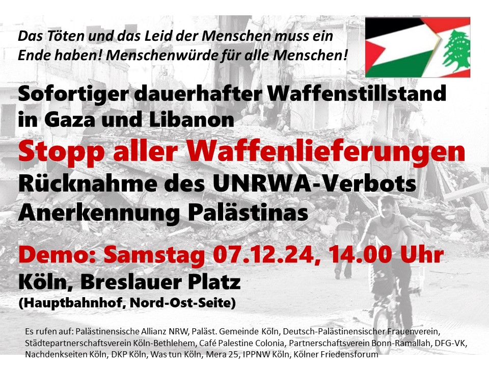 Flyer auf dem Hintergrund eines Schwarzweißfotos einer zerstörten Stadt mit Palästina-Flagge oben rechts.