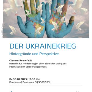 Flyer mit Grafik: mit Weltkarte bedruckte Hände, aus denen Friedenstauben aufsteigen