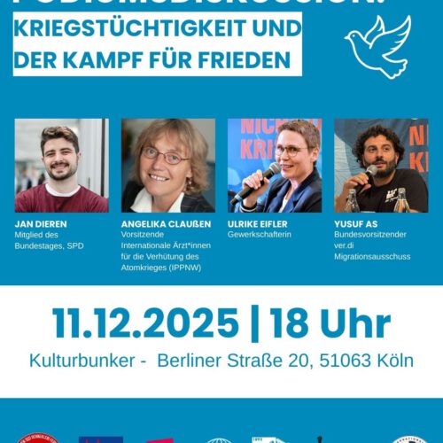 Plakat zur Podiumsdiskussion: Kriegstüchtigkeit und der Kampf für Frieden
