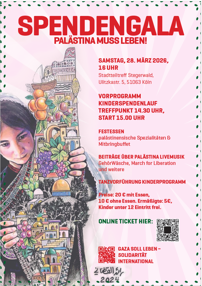 Flyer zur Spendengala "Palästina muss leben" am 28. März 2026